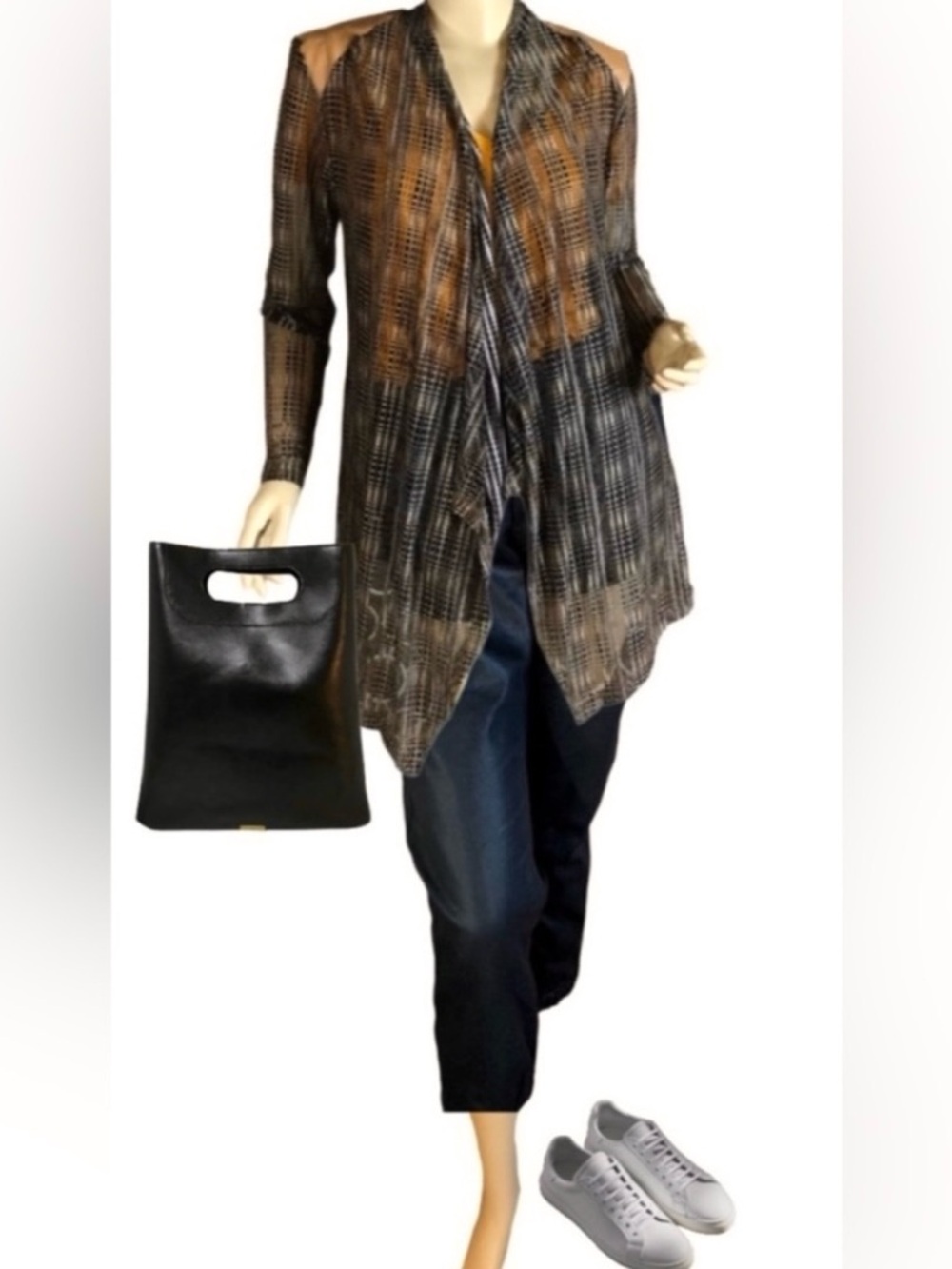 PATCHINGTON BLACK AND TAN MESH WATERFALL CARDIGAN (M)